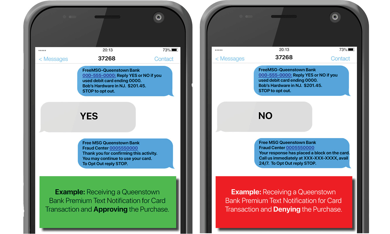 Image of two phone screens showing text fraud alerts